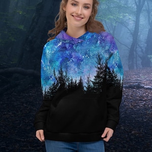 Mountain Scene Tree Graphic Cozy Hoodie Sweater | Galaxy Starry Sky Hoodie | Forest Aesthetic Hoodie | Mountain Camping Nature Lover Gifts