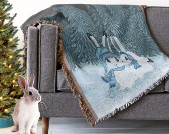 Winter Wonderland Woodland Bunny Rabbit Woven Afghan Blanket Tapestry Throw | Bunny Lover Gift |Cottagecore Christmas |Winter Mountain Decor