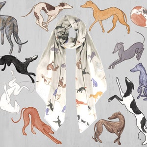 A beige modal scarf with illustrated greyhound dog pattern on it laid out on a grey wooden table with the illustrated greyhounds placed around it.