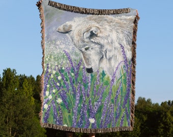 Lavender Wolf Cottagecore Woven Afghan Blanket Tapestry Throw | Huskey Wolf Forestcore Cottagecore Woodland Themed Nursery Wall Decor Gift