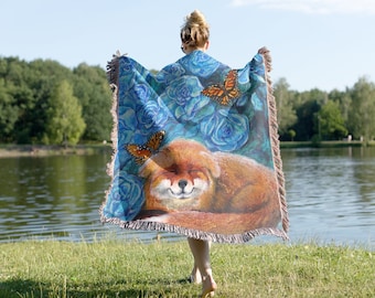 Cute Red Fox Cottagecore Forestcore Woven Afghan Blanket Tapestry Throw | Blue Butterfly Wall Decor | Fox Woodland Animal Nursery Decor Gift