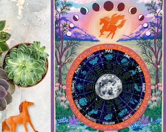 Calendario de pared con ruedas y fases lunares del año 2026 del Caballo de Fuego / Calendarios de brujas y agricultores / Arte mural pagano de brujas con fases lunares