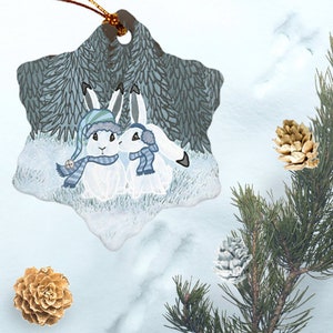 Snow Hares Bunny Rabbit Snowflake Heart Ornament | Bunny Rabbit Mom Gifts | Bunny Lover Gifts | Winter Woodland Cottagecore Christmas Decor