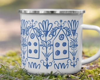 Folklore Vogelhäuschen Emaille Tasse | Nordische Blumen Tasse | European Style Tasse | Cottagecore Geschenk | Camping Tassen | Naturliebhaber Geschenk