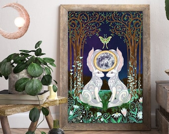 Ostara White Rabbit Luna Motte Vollmond Kunstdruck | Pagan Kaninchen Geschenk | Cottagecore Geschenk |Fairycore Pilz Kunst |Süßes Häschen Geschenk