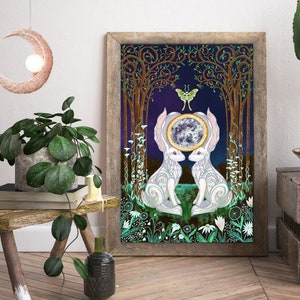 Ostara White Rabbit Luna Moth Full Moon Art Print | Viking Pagan Rabbit Gift | Cottagecore Gift |Fairycore Mushroom Art |Cute Bunny Mom Gift