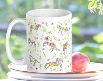 Wildblumen-Pferde-Pony-Tasse | Geschenk für Pferdeliebhaber | Cottagecore Wiesenblumen Tischkaffeetassen | Florale Pferde-Reitpferde-Kaffeetasse