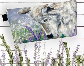 Lavender Wolf Dog Lover Toiletry Makeup Bag Carry All Canvas Pouch Clutch Pencil Case Travel Bag Vegan Reusable Bags