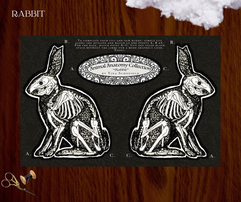May include: Black and white illustration of a rabbit skeleton, part of the "Animal Anatomy Collection" by Tina Schofield. The image includes instructions for cutting and sewing the design. The word "RABBIT" is at the top.