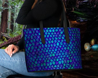 Blue Dragon Scales Pattern Vegan Leather Crosby Tote Bag Purse | Whimsical Gothic Witchy Water Sea Dragon Monster Bag Mermaidcore Gift