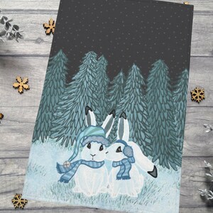 Winter Snow Bunnies Tea Towel | Farmhouse Kitchen Towel | Winter Woodland Christmas Kitchen Tea Towel Kitchen Decor |Bunny Rabbit Lover Gift