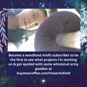 May include: A close-up image features a person and a large mushroom. The mushroom is a muted purple color with a white stem. Text on a blue background reads: "Become a woodland misfit subscriber to be the first to see what projects I'm working on & get spoiled with some whimsical artsy goodies at buymeacoffee.com/tinaschofield."