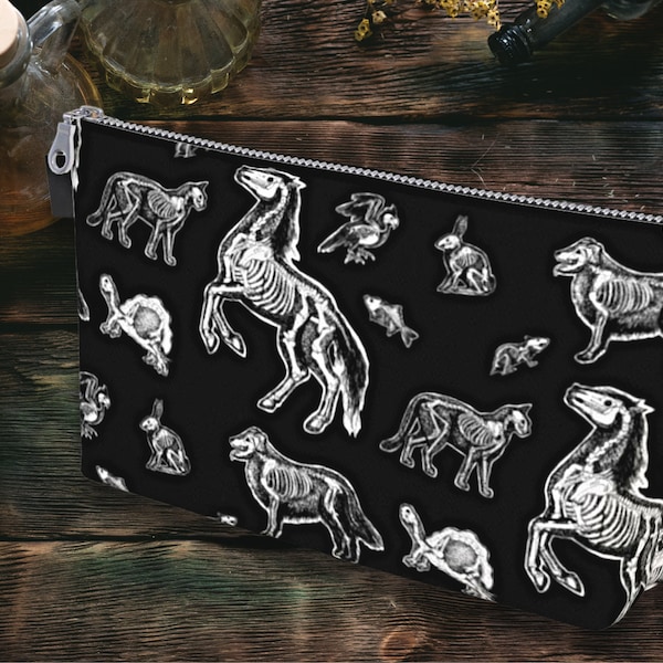 Animal Anatomy Skeleton Canvas Zipper Pouch Travel Makeup Bag | Vet Tech Veterinarian Gift | Gothic Witchy Goblincore Dark Academia Bag Gift