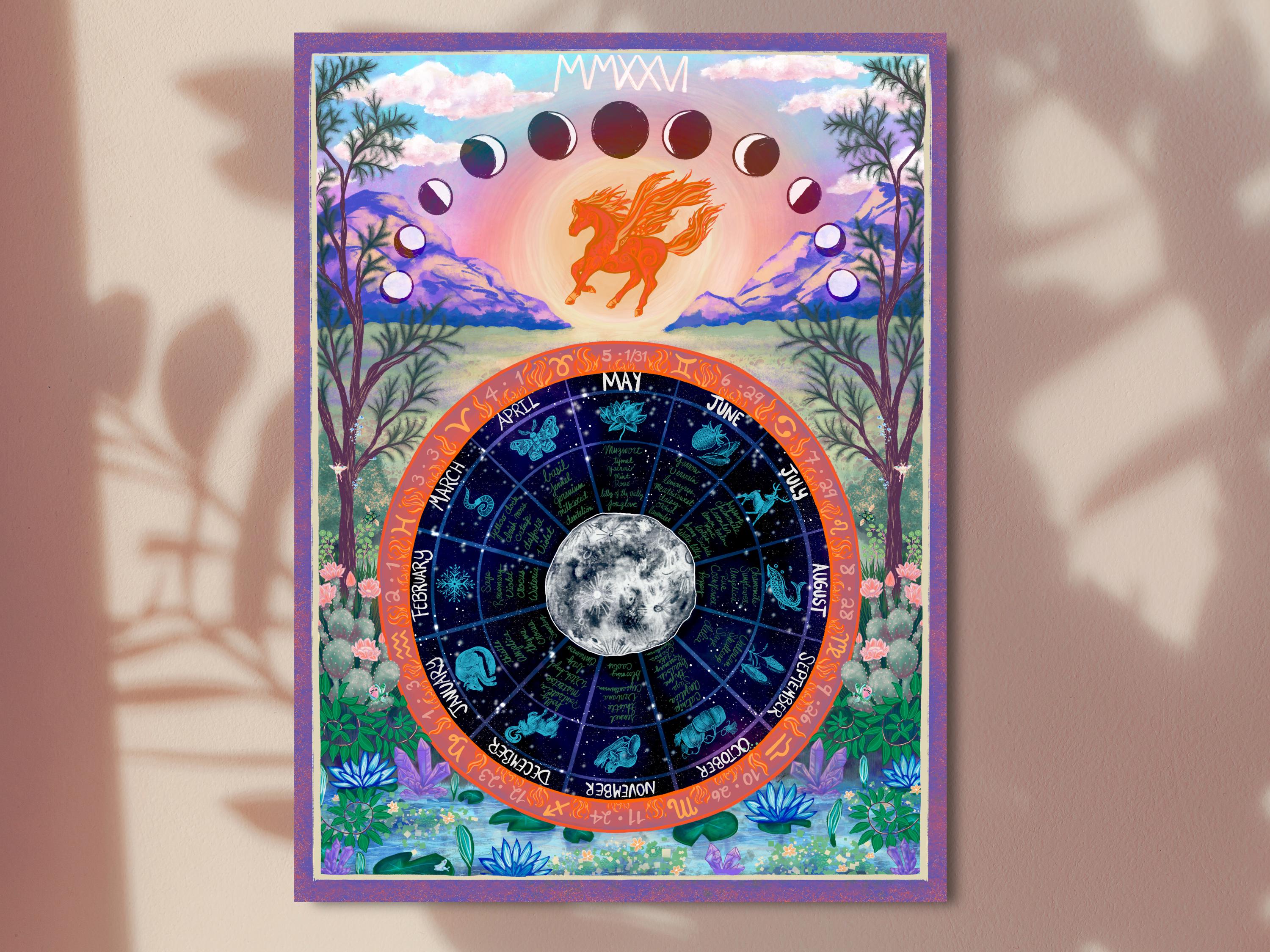 2026 Year of the Fire Horse Lunar Moon Phase Wheel Wall Calendar Poster ...