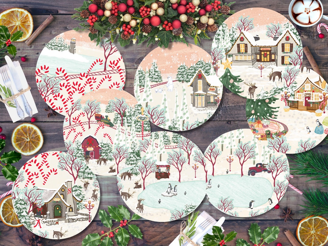 North Pole Christmas Plates Set Farmhouse Christmas Village Town