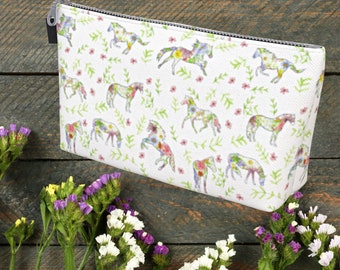 Wild Flower Horses Cottagecore Zipper Pouch Makeup Bag | Equestrian Fairycore Horse Lover Gifts | Horse Purse Tarot Crystal Bag |