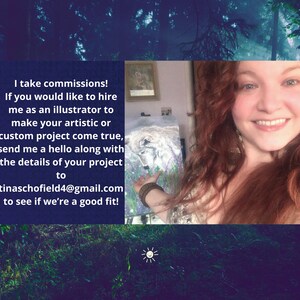 May include: A digital art advertisement with a smiling woman and text that reads, "I take commissions!" The text invites potential clients to contact the artist via email to discuss custom projects. The background has a forest theme.