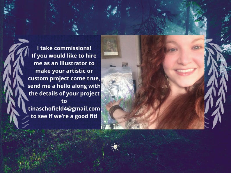 May include: A digital art advertisement with a smiling woman and text that reads, "I take commissions!" The text invites potential clients to contact the artist via email to discuss custom projects. The background has a forest theme.