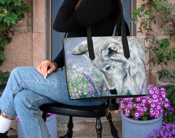 Lavendel Wolf Vegan Cottagecore Leder Crosby Einkaufstasche Geldbörse | Whimsical Huskey Wolf Forestcore Cottagecore Woodland Handtasche Geschenk