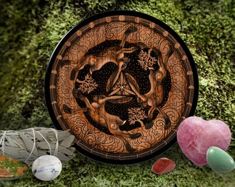 Tinners Rabbits Hare Trinity Plate | Dark Cottagecore Witchy Gifts | Celtic Rabbit Tree of Life Moon Phases Home Decor |Pagan Alter Art Gift