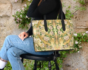 White Roses Art Nouveau Botanical Vegan Cottagecore Leather Crosby Tote Bag Purse | Gothic Green Witch Witchy Fairy Goblincore Handbag Gifts