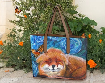 Monarch Butterfly Fox Vegan Cottagecore Leather Crosby Tote Bag Purse | Whimsical Fox Forestcore Cottagecore Woodland Handbag Gift