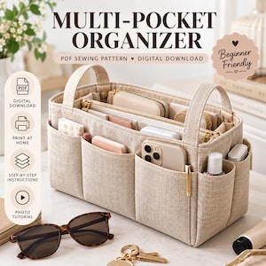 Symönster Väskoorganisatör PDF, Väskeinlägg med Fickor, Tote Organizer, 3 Storlekar, Nybörjarvänlig