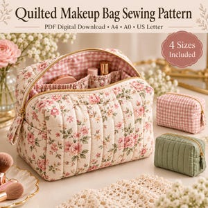 May include: A quilted makeup bag sewing pattern featuring a floral print on a cream background with a pink gingham interior. The set includes four sizes, with a large floral bag, a small pink gingham bag, and a small sage green quilted bag.