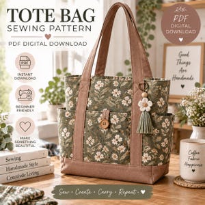 Puede incluir: Un patrón de costura para bolso tote en descarga digital PDF, con tela verde de estampado floral blanco, asas de tela marrón, base marrón y bolsillo frontal con cierre de botón. Un dije de borla de flor blanca cuelga del asa lateral.