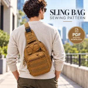May include: A tan sling bag with multiple zippered compartments, webbing straps, and a black plastic buckle. The text SLING BAG SEWING PATTERN and a circular badge labelled PDF DIGITAL DOWNLOAD are visible in the upper right corner of the image.
