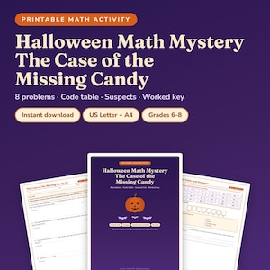 Puede incluir: Una actividad matemática imprimible titulada Halloween Math Mystery The Case of the Missing Candy para los grados 6-8. El conjunto incluye 8 problemas, una tabla de códigos, sospechosos y una clave en formatos US Letter y A4.