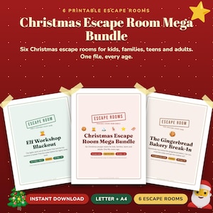 Może przedstawiać: Cyfrowy pakiet sześciu świątecznych gier typu escape room do druku. Główny tytuł to Christmas Escape Room Mega Bundle, z nazwami poszczególnych gier Elf Workshop Blackout oraz The Gingerbread Bakery Break-In.