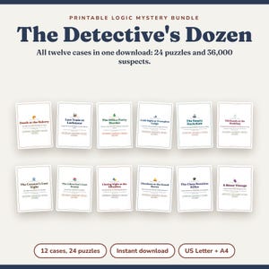 Puede incluir: Un paquete de misterios lógicos imprimibles titulado The Detective's Dozen, que incluye doce casos, 24 acertijos y 36.000 sospechosos. El conjunto contiene doce tarjetas de casos con títulos e iconos, disponible para descarga instantánea en A4 y US Letter.