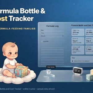 May include: A digital Formula Bottle & Cost Tracker interface featuring a baby sitting on a cloud with a numbered block. The screen displays a Formula Log, daily totals, cost per week of £12.56, and tin inventory. Includes a Help Center icon and a clock.