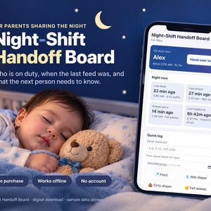 May include: A digital Night-Shift Handoff Board app interface displayed on a smartphone screen, showing tracking data for baby care, including feed, diaper, and sleep logs, next to a sleeping baby with a teddy bear on a star-patterned blanket.
