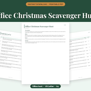 Könnte beinhalten: Ein druckbares Dokumentenset für eine Büro-Weihnachtsschnitzeljagd mit Aufgabenliste, Missionsregeln und Bewertungsleitfaden. Die Seiten enthalten schwarzen Text auf weißem Hintergrund mit einer dunkelgrünen Kopfzeile mit dem Titel Office Christmas Scavenger Hunt.
