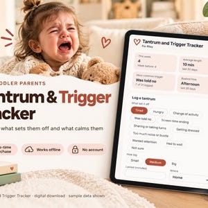 Peut inclure: Une interface d'application numérique Tantrum and Trigger Tracker affichée sur un écran de tablette. L'interface comprend des sections pour enregistrer les crises, sélectionner des déclencheurs comme fatigué ou faim, et voir les statistiques hebdomadaires. Le texte inclut Tantrum and Trigger Tracker, For Toddler Parents et Log a tantrum.