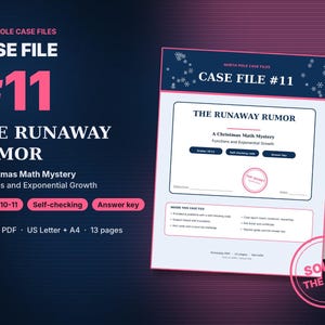 Könnte beinhalten: Ein druckbares PDF-Mathe-Rätsel mit dem Titel North Pole Case Files Case File #11 The Runaway Rumor. Das Dokument enthält ein Weihnachtsthema, Übungen zu Funktionen und exponentiellem Wachstum für die Klassen 10-11 sowie Lösungsschlüssel.