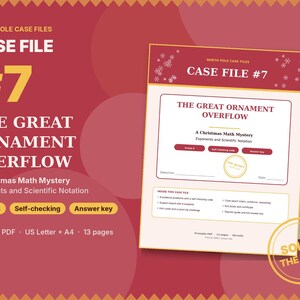 Puede incluir: Una actividad de misterio matemático imprimible titulada North Pole Case Files Case File #7 The Great Ornament Overflow. El documento trata sobre exponentes y notación científica para octavo grado, incluye clave de respuestas.