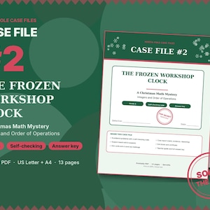 Könnte beinhalten: Ein druckbares PDF-Mathe-Rätsel mit dem Titel North Pole Case Files Case File #2 The Frozen Workshop Clock. Das Dokument enthält Aufgaben für die 6. Klasse zu ganzen Zahlen und Rechenregeln, einen Selbstprüfungscode und einen Lösungsschlüssel.