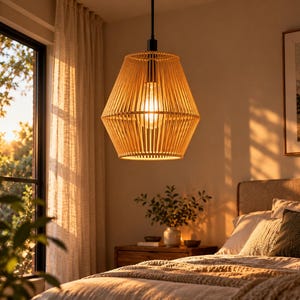 Op de afbeelding: Een hanglamp met een taps toelopende kooivormige kap, opgebouwd uit dunne, lichtgekleurde houten latten. De lamp hangt aan een zwart snoer en bevat een enkele brandende gloeilamp die zichtbaar is door de lattenstructuur van de kap.
