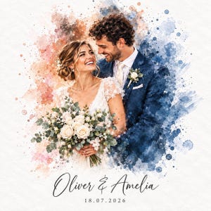 May include: A watercolour portrait of a couple in wedding attire. The person on the left wears a white lace dress and holds a bouquet of white roses. The person on the right wears a navy blue suit. Text reads Oliver & Amelia 18.07.2026.