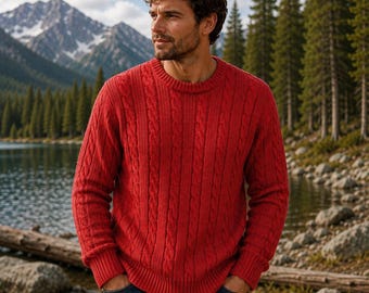 Suéter de manga larga con cuello redondo y punto trenzado rojo para hombre Lord and Taylor, talla L.
