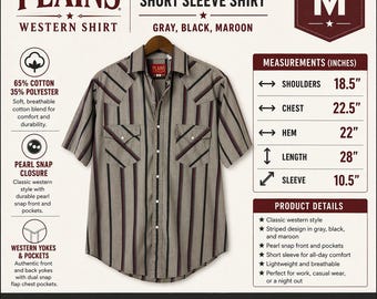 Camisa de manga corta a rayas color beige burdeos para hombre Plains Western Wear Pearl Snap, talla M