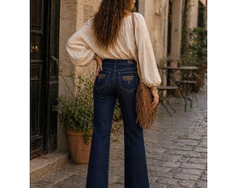 Pantalones vaqueros Britannia vintage de talle alto y pierna recta, lavado oscuro, azul índigo, años 70 y 80.