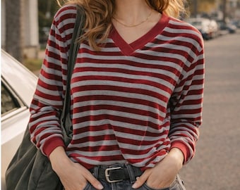 Vintage 80s Red Grey Striped Velour V-Neck Pullover Top Womens Small Singapore