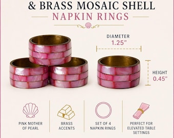 Vintage Pink Mother of Pearl Napkin Rings Brass Mosaic Shell Set of 4 Rose Red