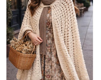 Capa de ganchillo color marfil hecha a mano estilo vintage, poncho con cuello abotonado y parte delantera abierta.