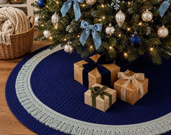 Vintage Blue Quilted Christmas Tree Skirt with Cream Macrame Fringe Trim 48 Inch