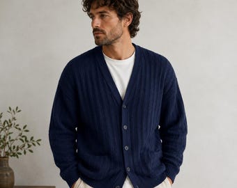 vintage Classics by Palmland - Cardigan bleu marine en tricot côtelé avec boutons, grand